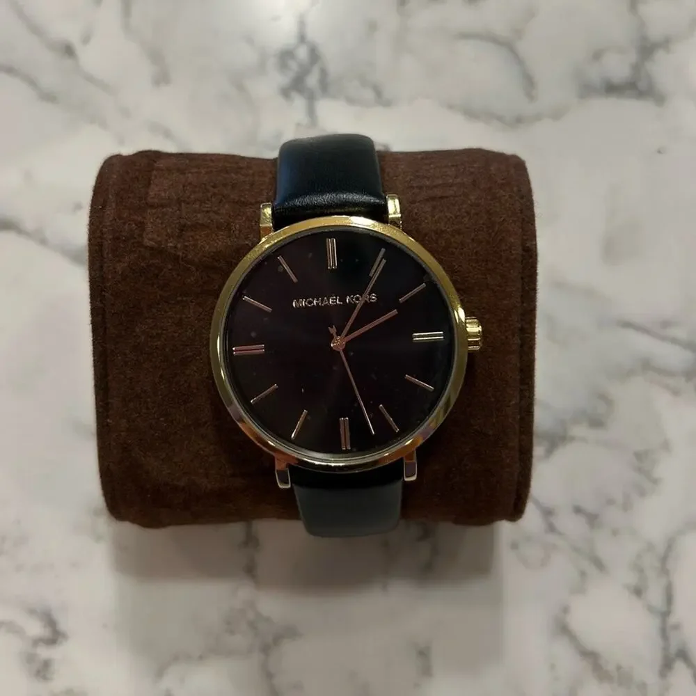 NWT Michael Kors Addyson MK2949 Black Leather Watch Gold Case Three Hand